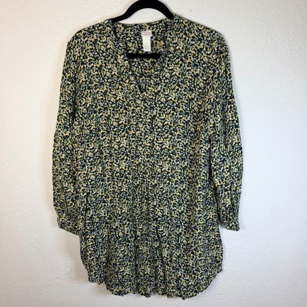 H&M Women M Yellow Green Ditsy Floral Viscose Split V-Neck Tunic Dress Cottage